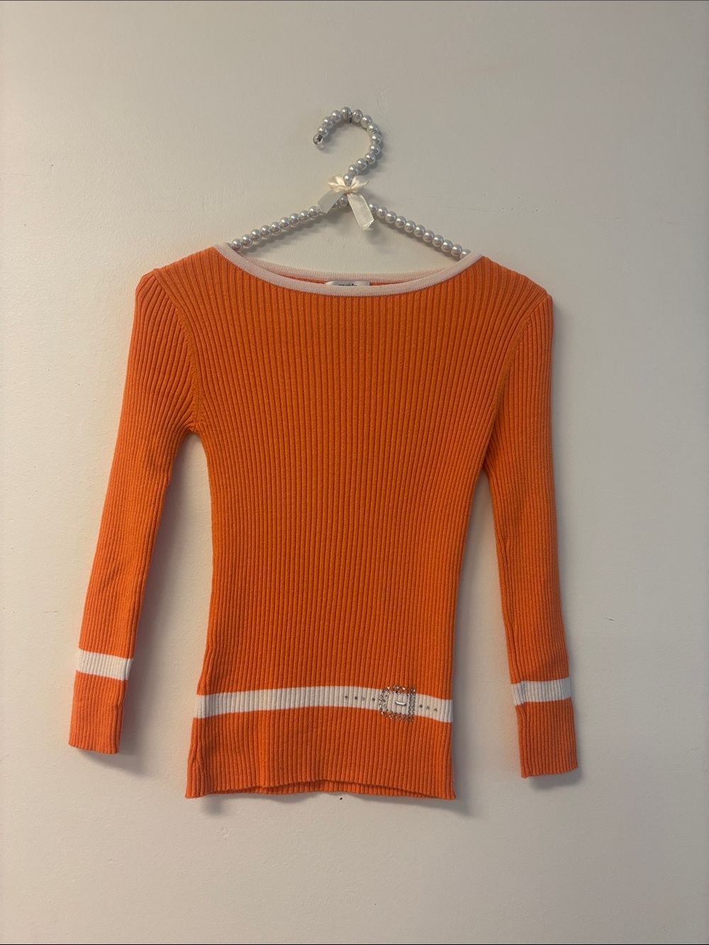 Cache Orange Ribbed 3/4 Sleeve Sweater Sz Sm rayon fitted block rhinestones Y2K